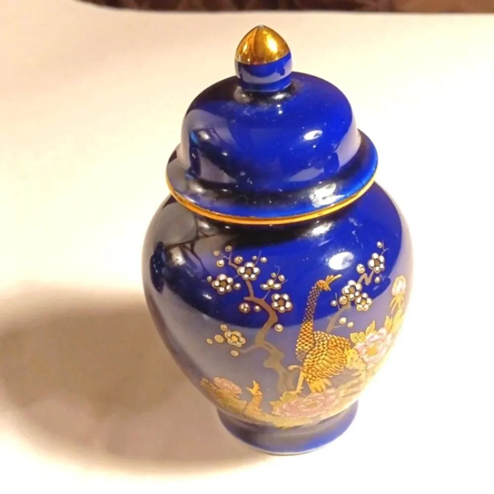 Vintage Small Japanese Cobalt Blue Pitcher and Urn with Gold Peacock and Flowers